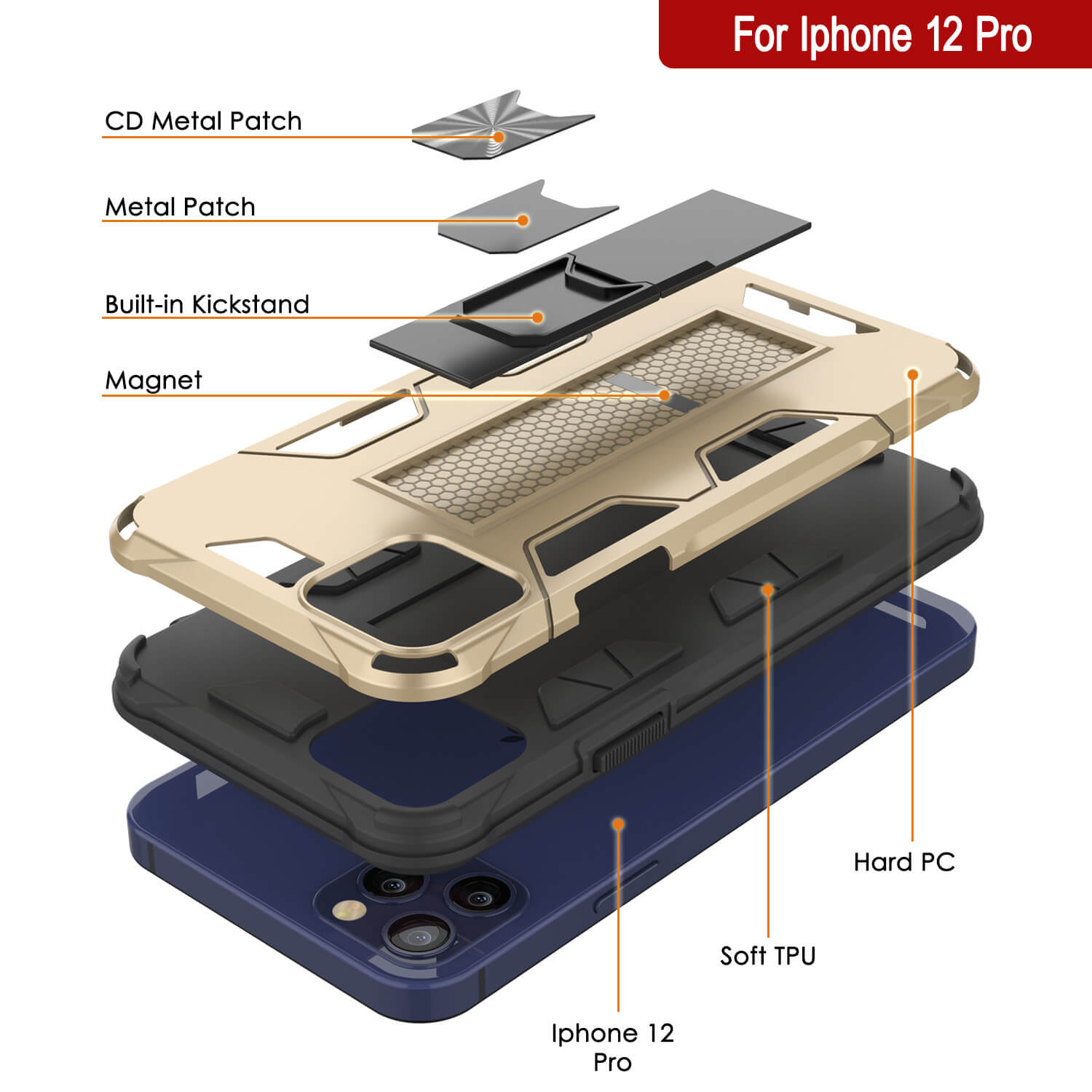 Capa Punkcase para iPhone 12 Pro [Série ArmorShield] Capa Protetora Estilo Militar de Camada Dupla Dourada