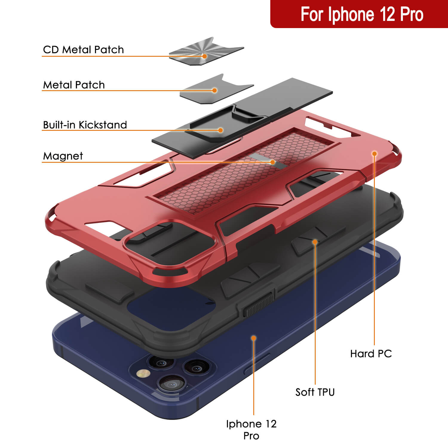 Capa Punkcase para iPhone 12 Pro [Série ArmorShield] Capa Protetora Estilo Militar de Dupla Camada Vermelha