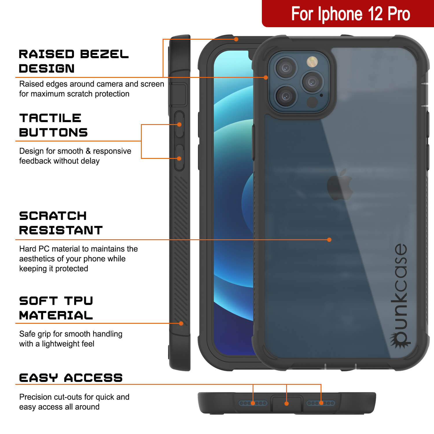 Capa PunkCase iPhone 12 Pro, Série Spartan, Cobertura Resistente Transparente com Protetor de Tela Embutido [Preto]