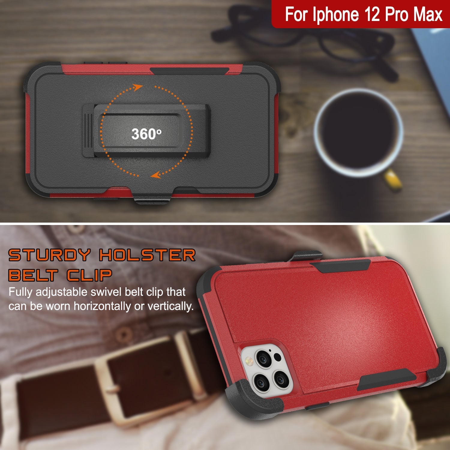 Punkcase for iPhone 12 Pro Max Belt Clip Multilayer Holster Case [Patron Series] [Red-Black]