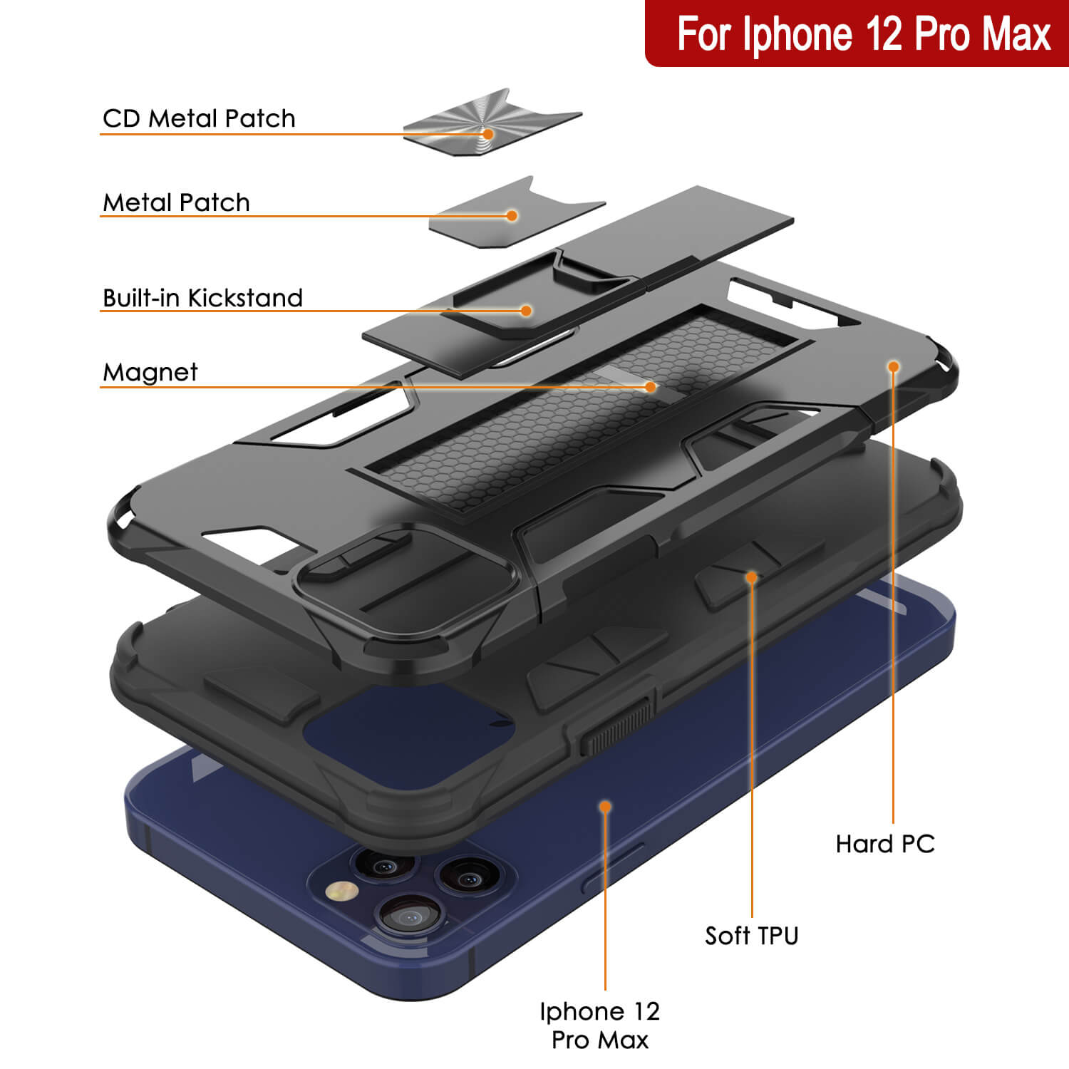 Capa Punkcase para iPhone 12 Pro Max [Série ArmorShield] estilo militar protetora de dupla camada - Preta
