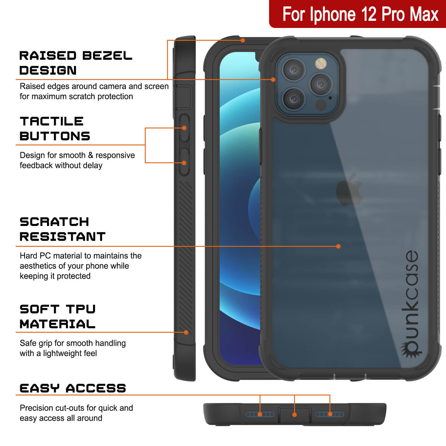 Capa PunkCase para iPhone 12 Pro Max, [Série Espartana] Capa Resistente Clara e Resistente com Protetor de Tela Integrado [Preto]