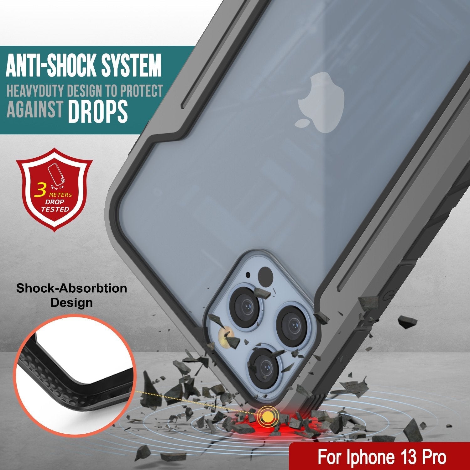 Capa protetora militar de camada múltipla Punkcase iPhone 13 Pro ravenger [Cinza-Preto]