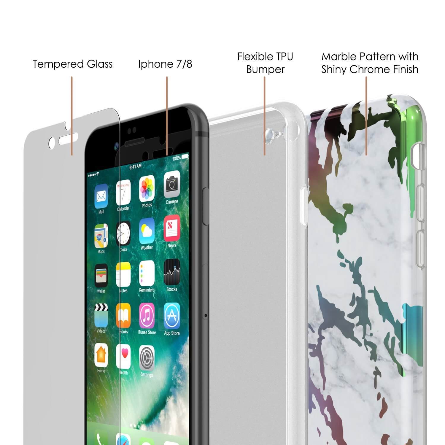 Capa de mármore Punkcase iPhone 8 / 7, cobertura total protetora com protetor de tela de vidro temperado 9H (Blanco Marmo)