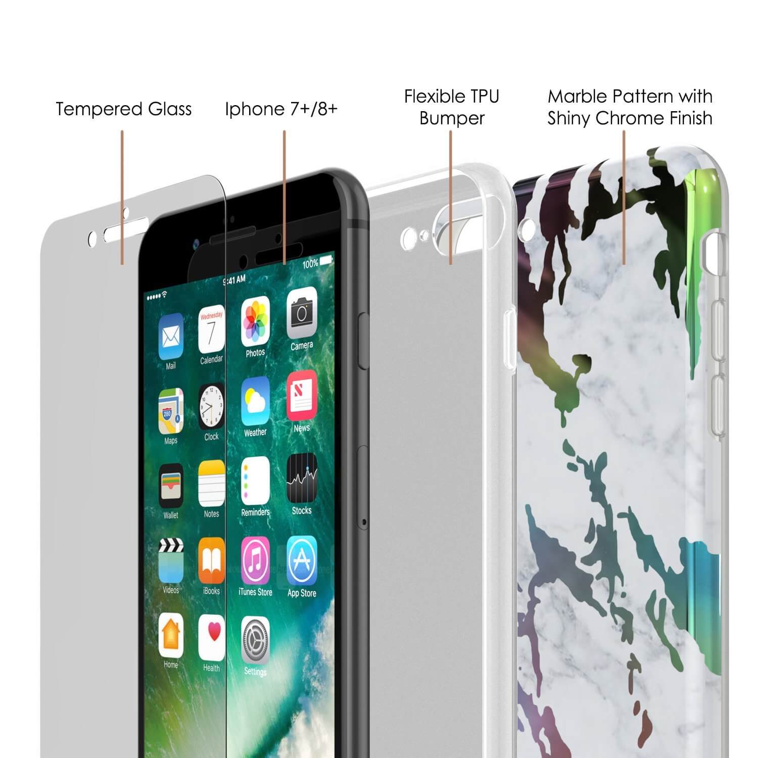 Capa Punkcase para iPhone 8+ / 7+ Plus em Mármore, Cobertura Protetora de Corpo Inteiro com Protetor de Tela de Vidro Temperado 9H (Blanco Marmo)