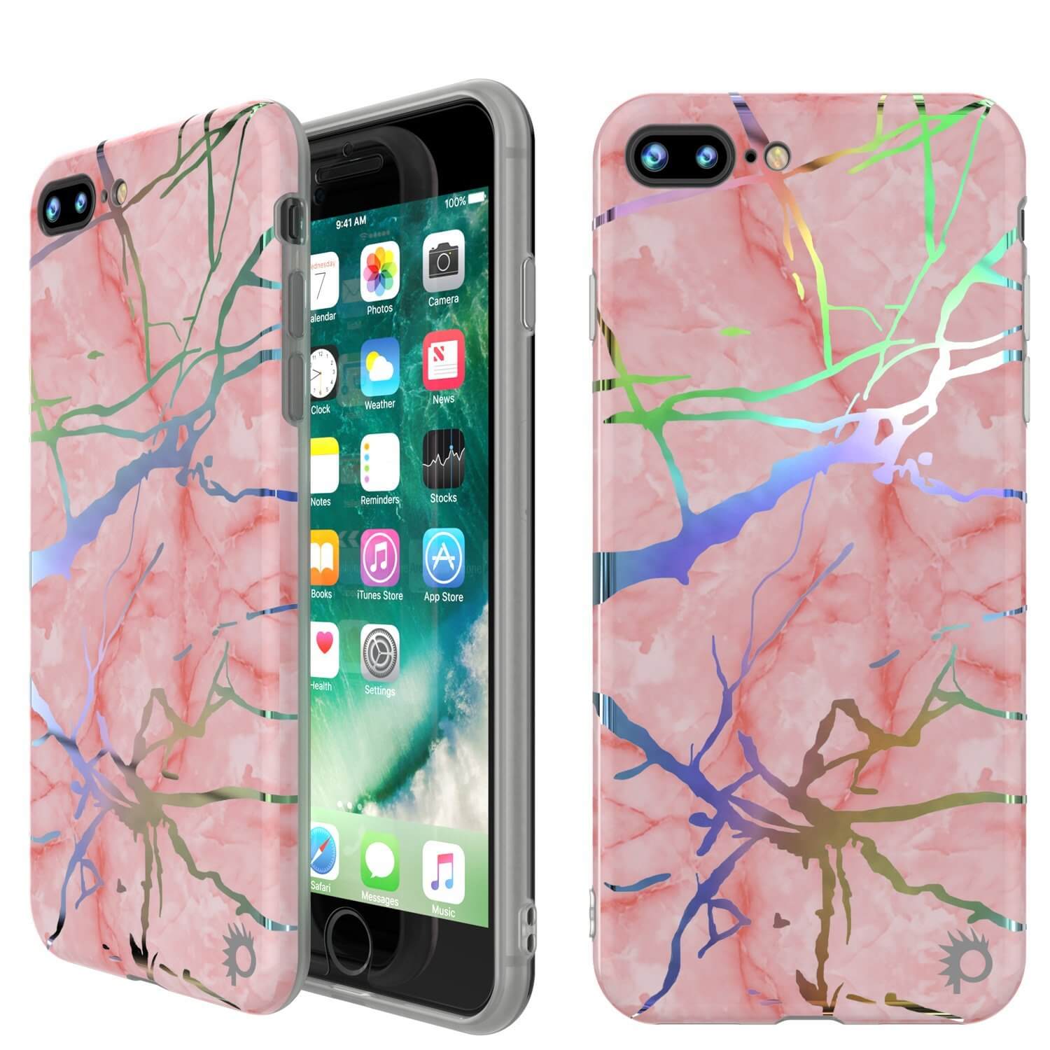 Capa de mármore Punkcase para iPhone 8+ / 7+ Plus, cobertura de corpo inteiro protetora com protetor de tela de vidro temperado 9H (Miragem de Rosa)