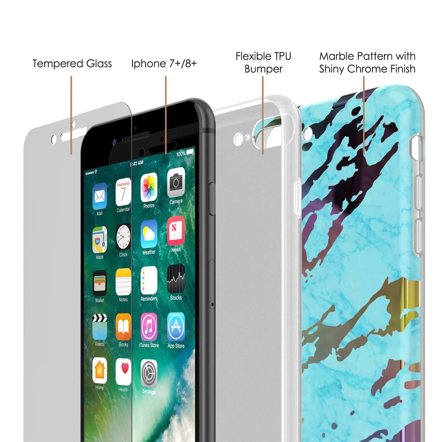 Capa de mármore Punkcase para iPhone 8+ / 7+ Plus, cobertura total protetora com protetor de tela de vidro temperado 9H (Teal Onyx)