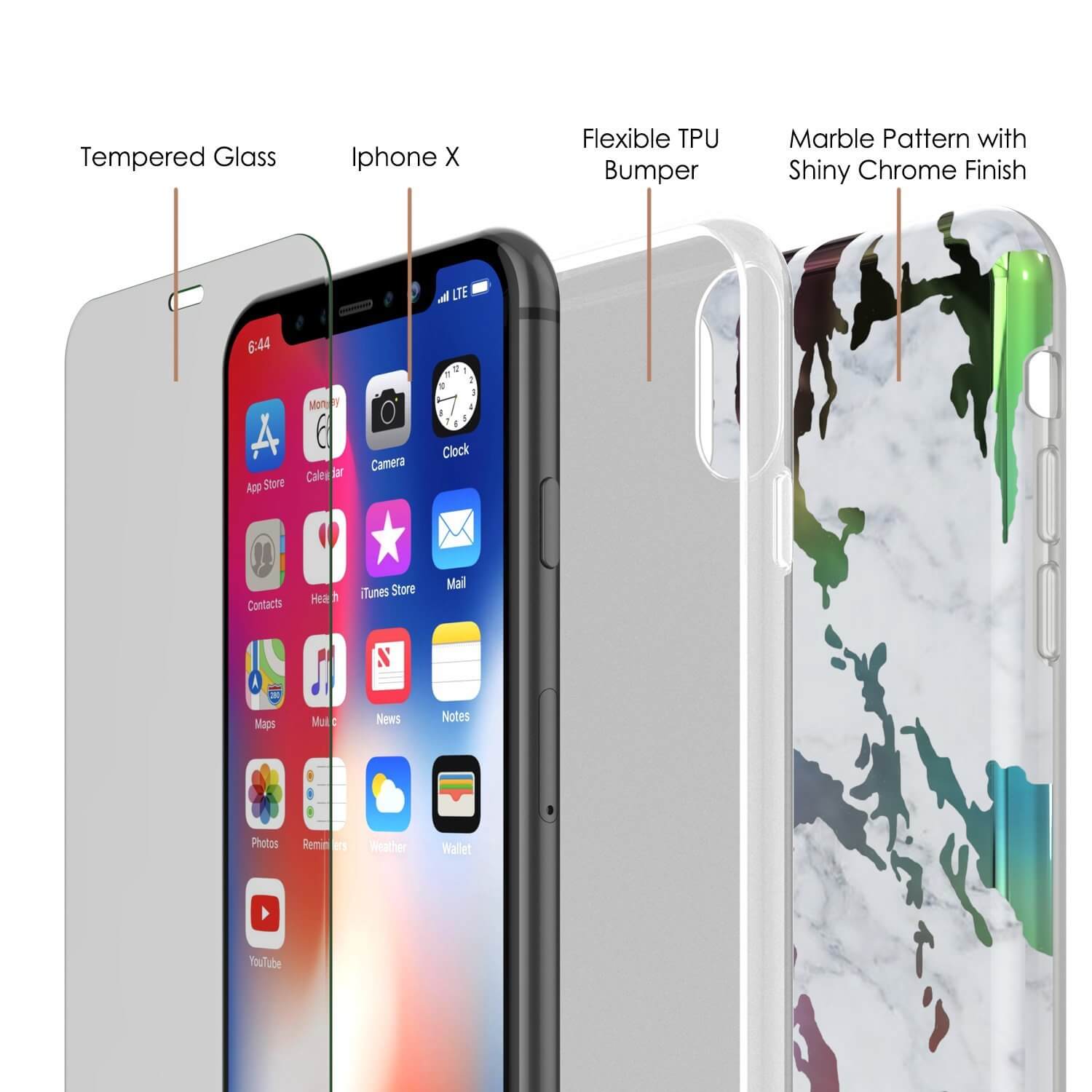 Capa de mármore Punkcase para iPhone X, cobertura total protetora com protetor de tela de vidro temperado 9H (Blanco Marmo)