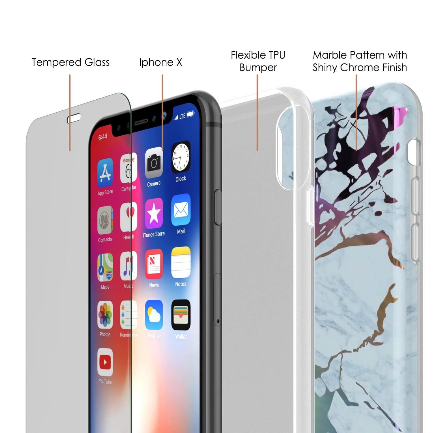 Capa de mármore para iPhone X da Punkcase, cobertura total protetora com protetor de tela de vidro temperado 9H (Marmo Azul)