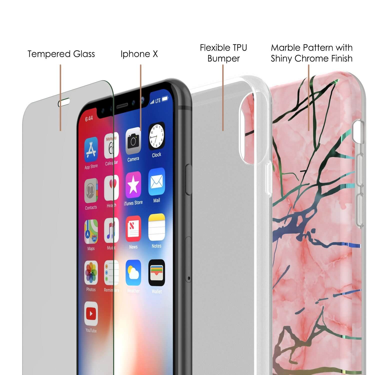 Capa de mármore Punkcase para iPhone X, capa corporal completa protetora c/protetor de tela de vidro temperado 9H (Miragem de ouro rosa)