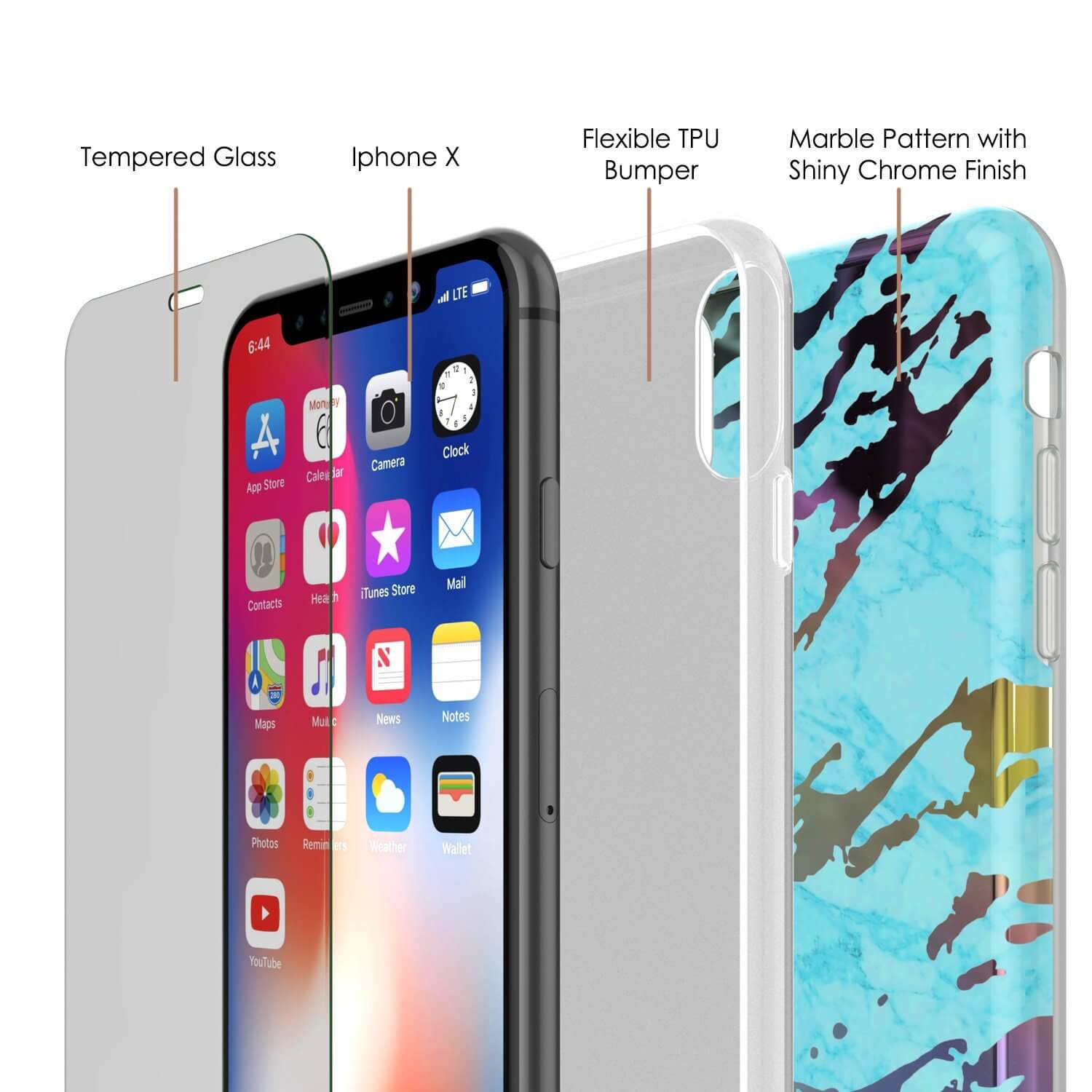 Capa de mármore Punkcase para iPhone X, capa de corpo inteiro protetora com protetor de tela de vidro temperado 9H (Ônix Azul-Verde)