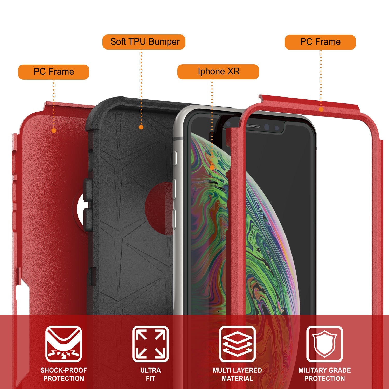 Punkcase for iPhone XR Belt Clip Multilayer Holster Case [Patron Series] [Red-Black] (Color in image: Navy)