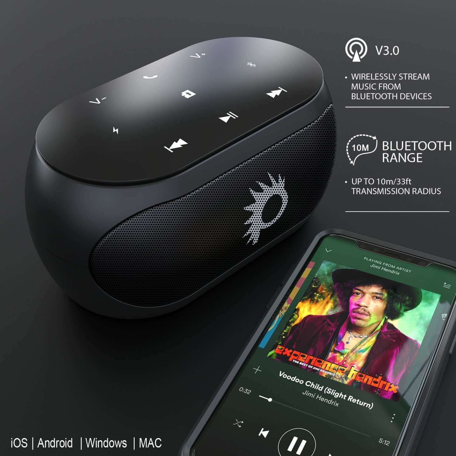Punkcase SILENCER Alto-falante Bluetooth Potente e Portátil com Grave Acentuado Slot para Cartão TF/SD/Entrada AUX, Viva-voz Hands-Free com Microfone