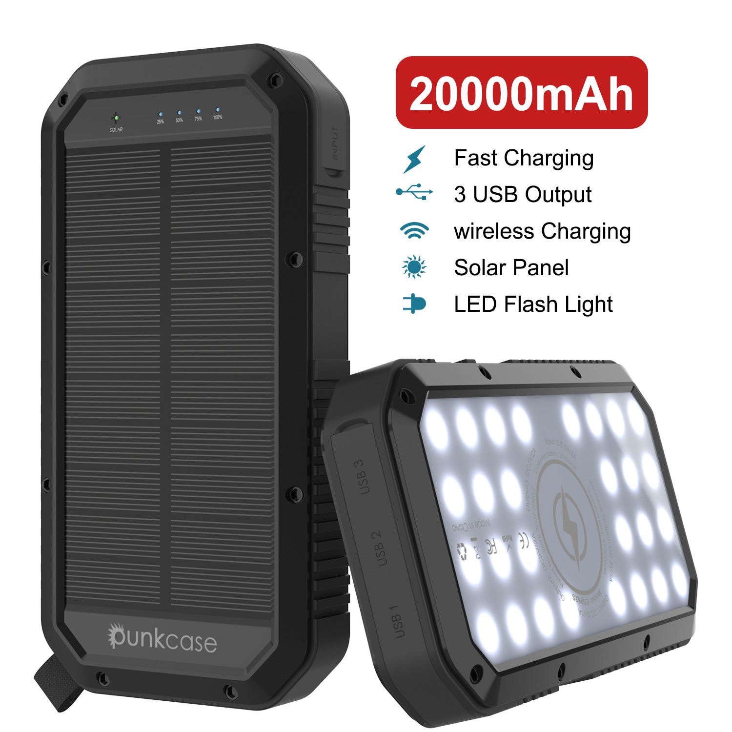 PunkCase Solar Wireless PowerBank 20000mah Battery Pack for iPhone X/XS/Max/XR / 11/10, iPad, Samsung Galaxy S10 / S9 and Many More [Black] 