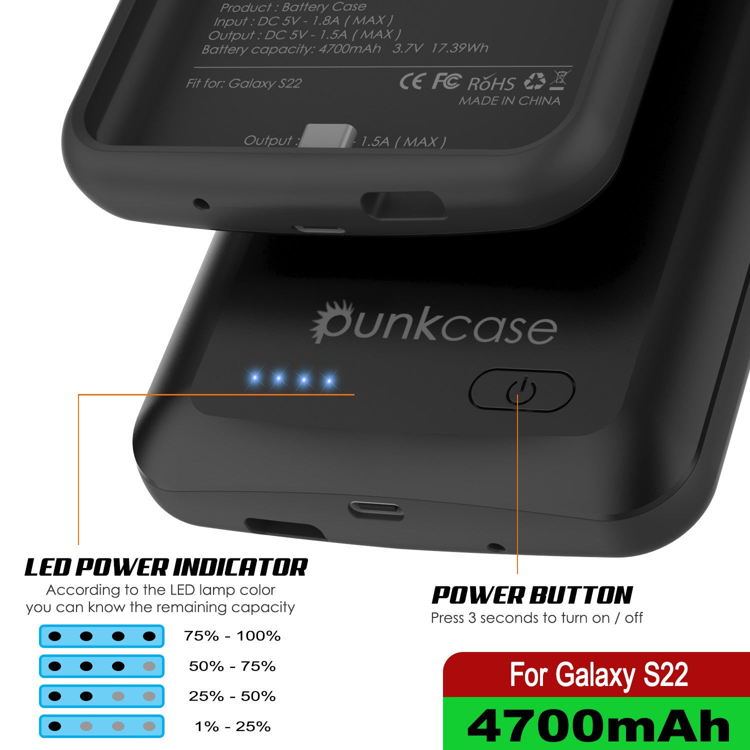 Capa de bateria PunkJuice S22 preta - Banco de suco de energia portátil com 4700mAh de carga