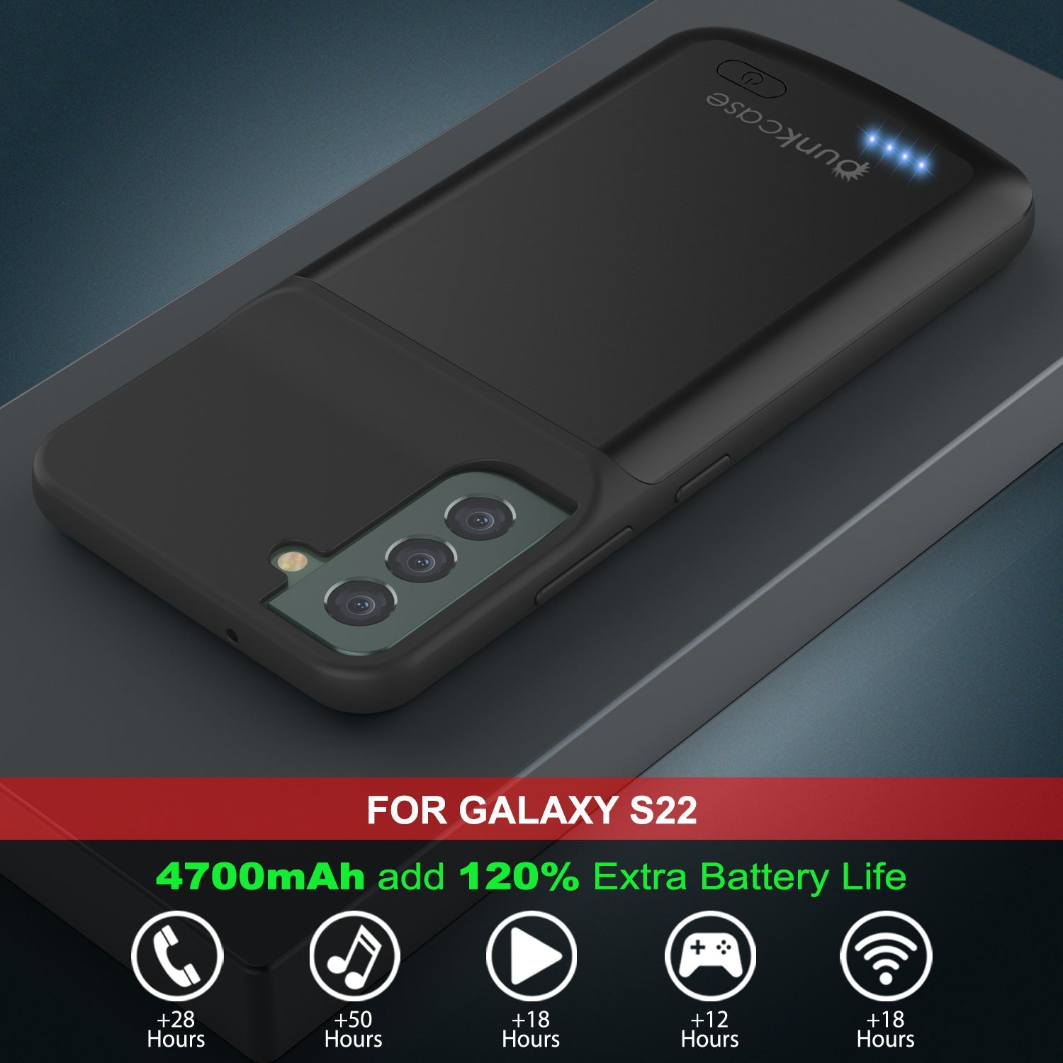 Capa de bateria PunkJuice S22 preta - Banco de suco de energia portátil com 4700mAh de carga