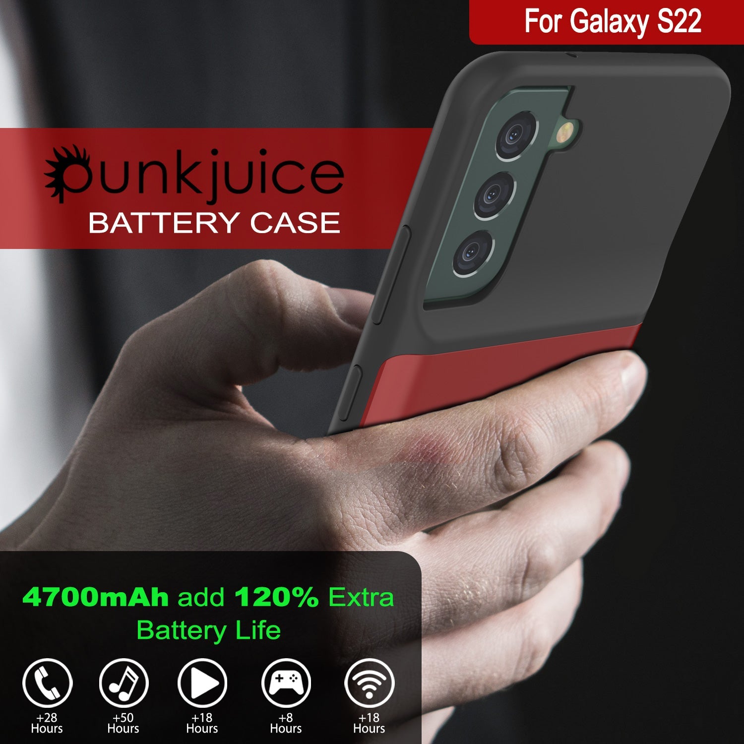 Capa de bateria PunkJuice S22 vermelha - Banco de energia portátil com carregamento de 4700mAh
