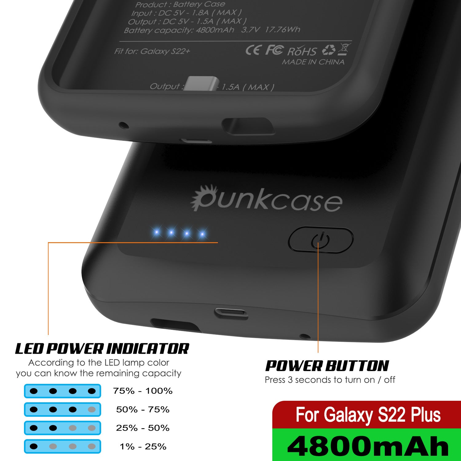 PunkJuice S22+ Plus Capa de bateria preta - Banco de energia portátil para carregamento com 4800mAh