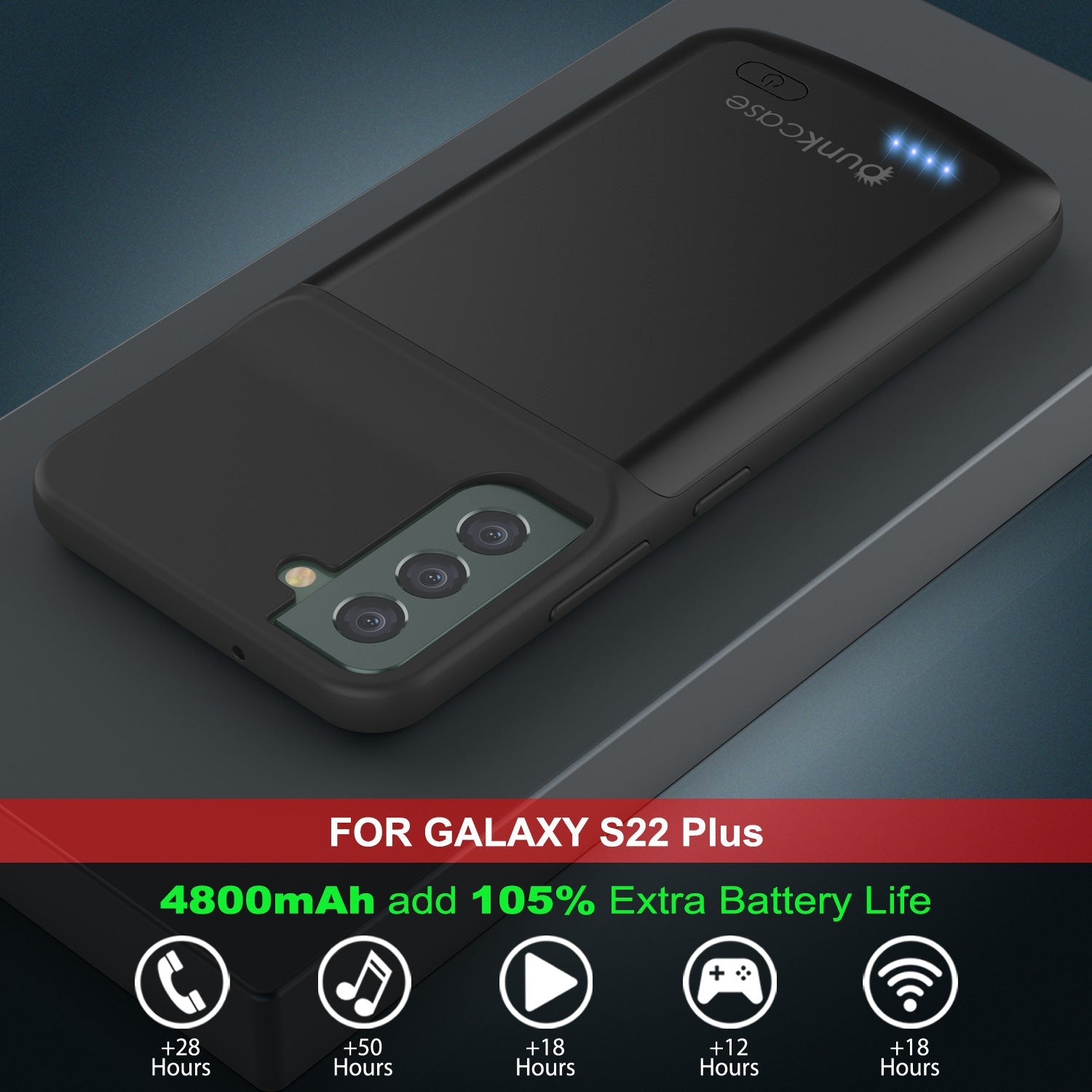 PunkJuice S22+ Plus Capa de bateria preta - Banco de energia portátil para carregamento com 4800mAh