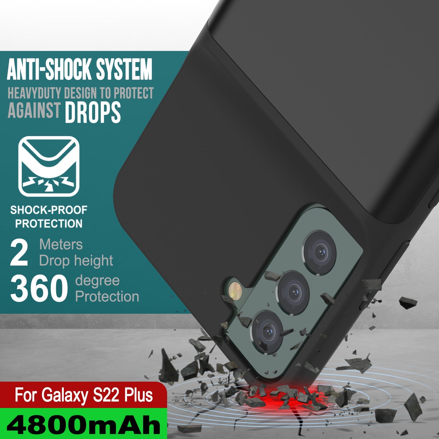 PunkJuice S22+ Plus Capa de bateria preta - Banco de energia portátil para carregamento com 4800mAh