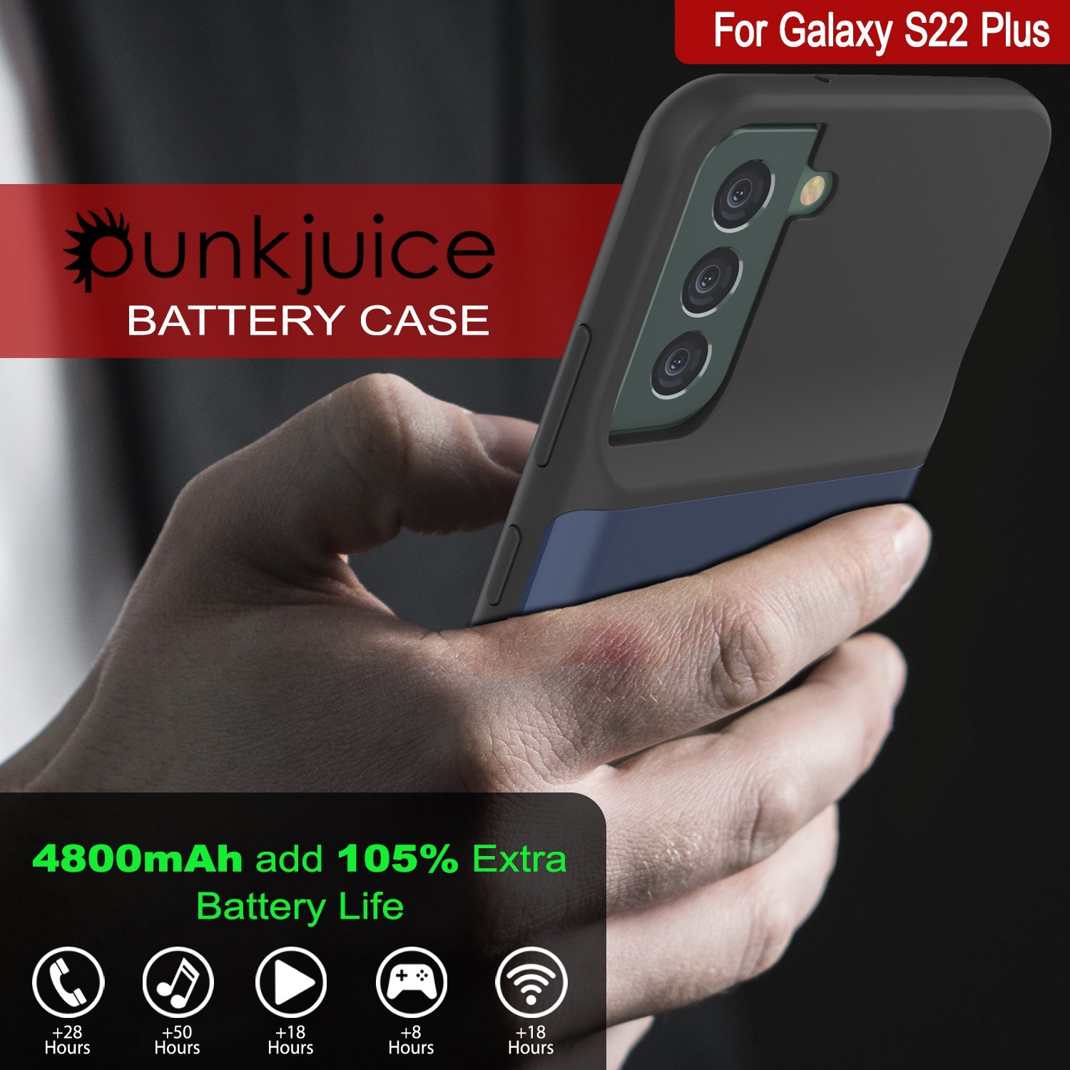Capa de bateria PunkJuice S22+ Plus Azul - Banco de suco de potência de carregamento portátil com 4800mAh