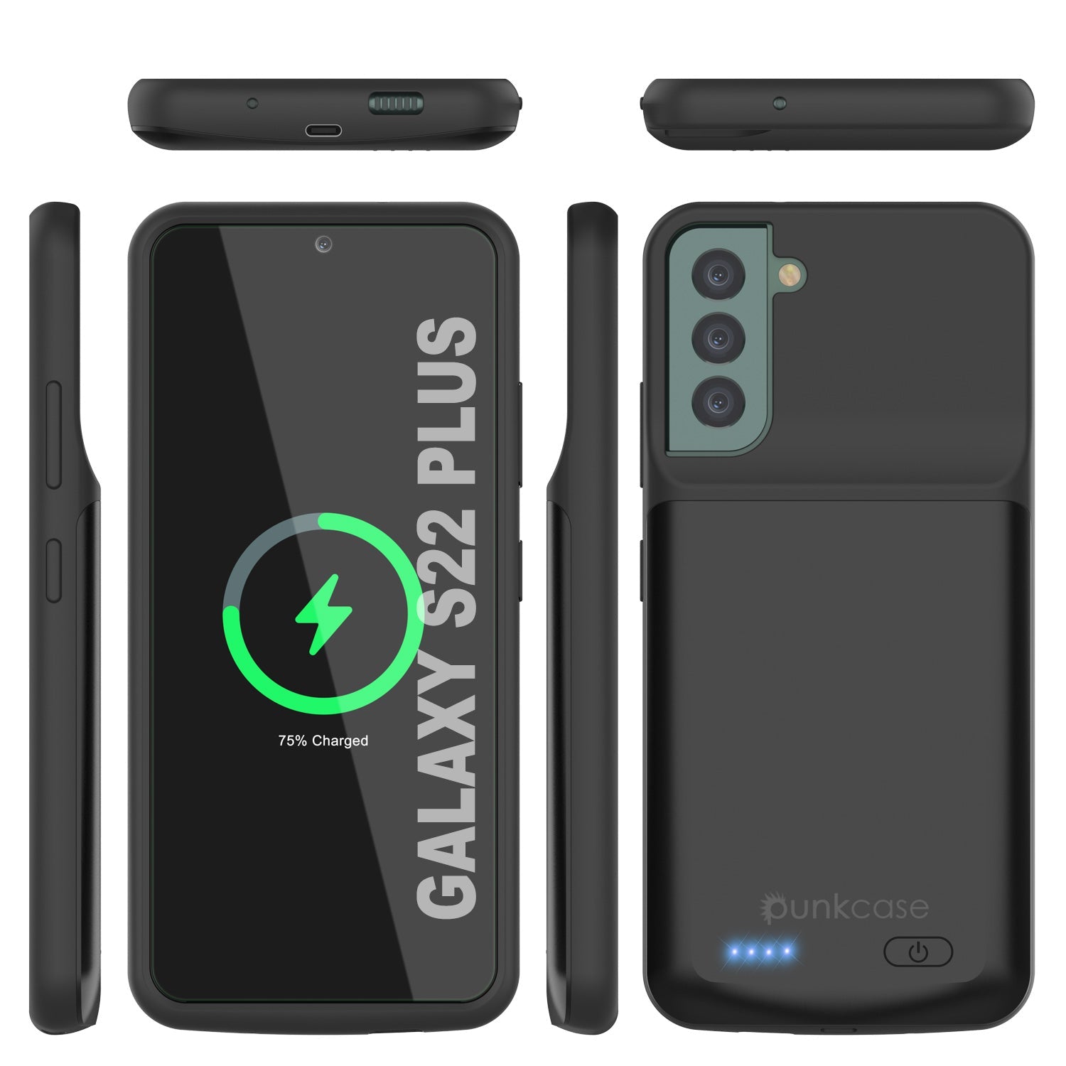 PunkJuice S22+ Plus Capa de bateria preta - Banco de energia portátil para carregamento com 4800mAh