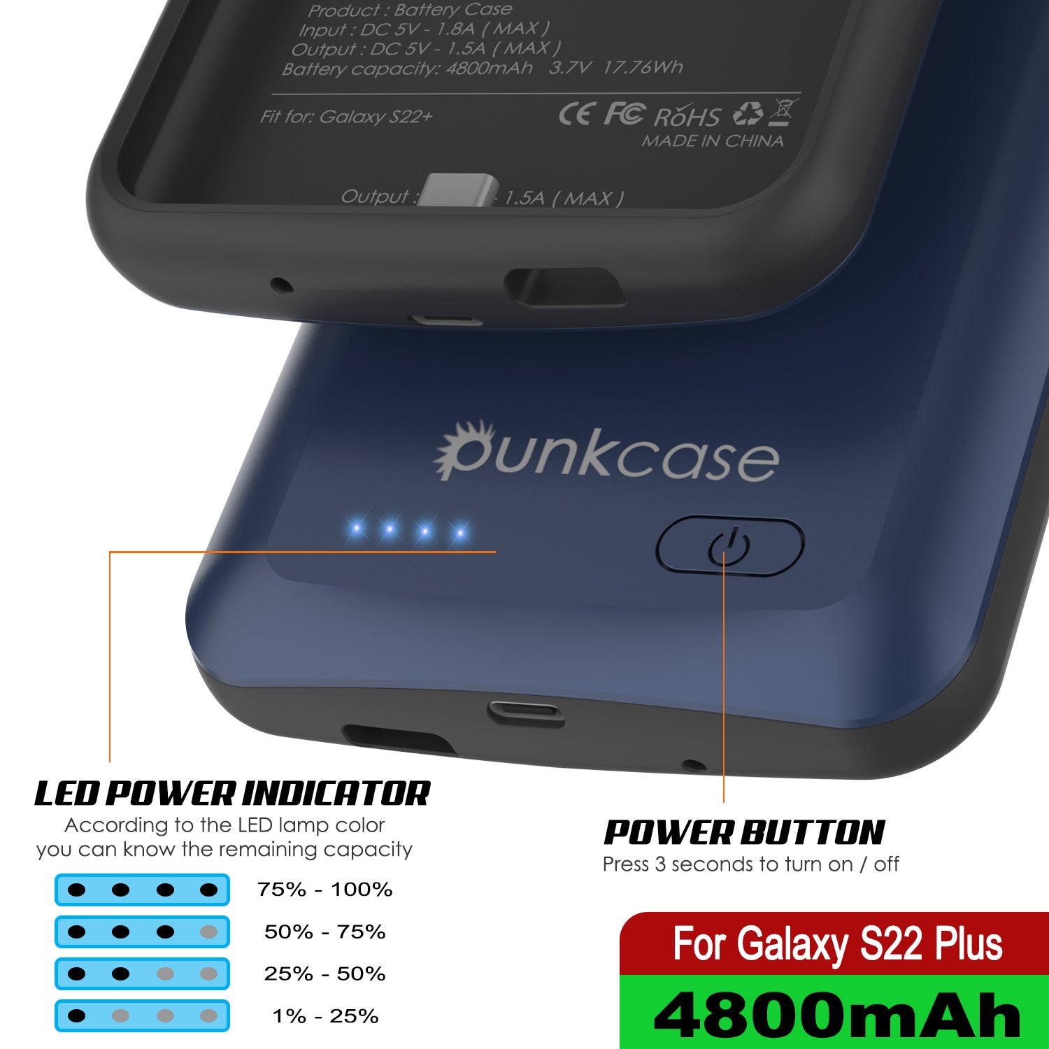 Capa de bateria PunkJuice S22+ Plus Azul - Banco de suco de potência de carregamento portátil com 4800mAh