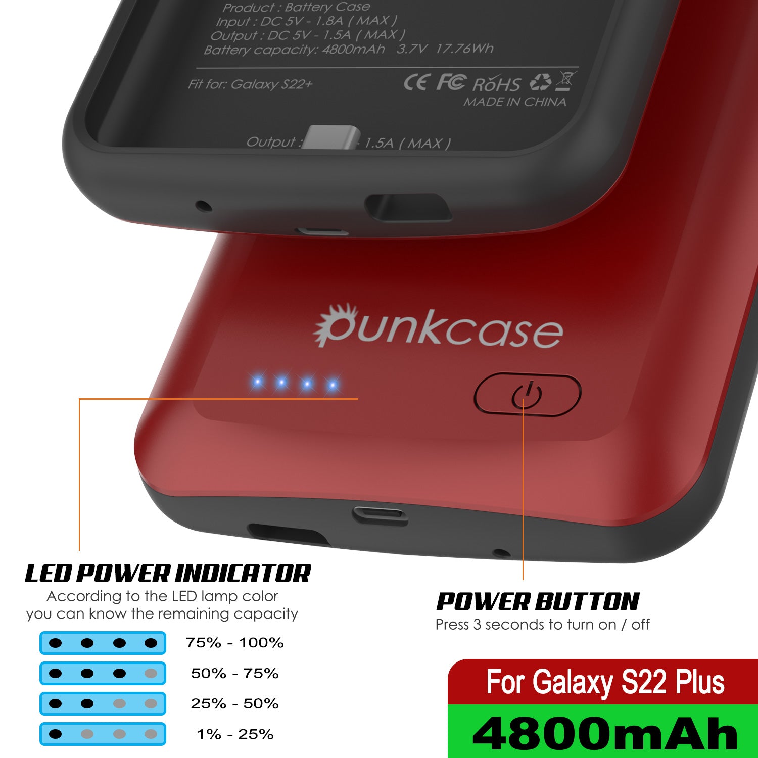 PunkJuice S22+ Plus Capa de Bateria Vermelha - Banco de Energia de Carregamento Portátil com 4800mAh