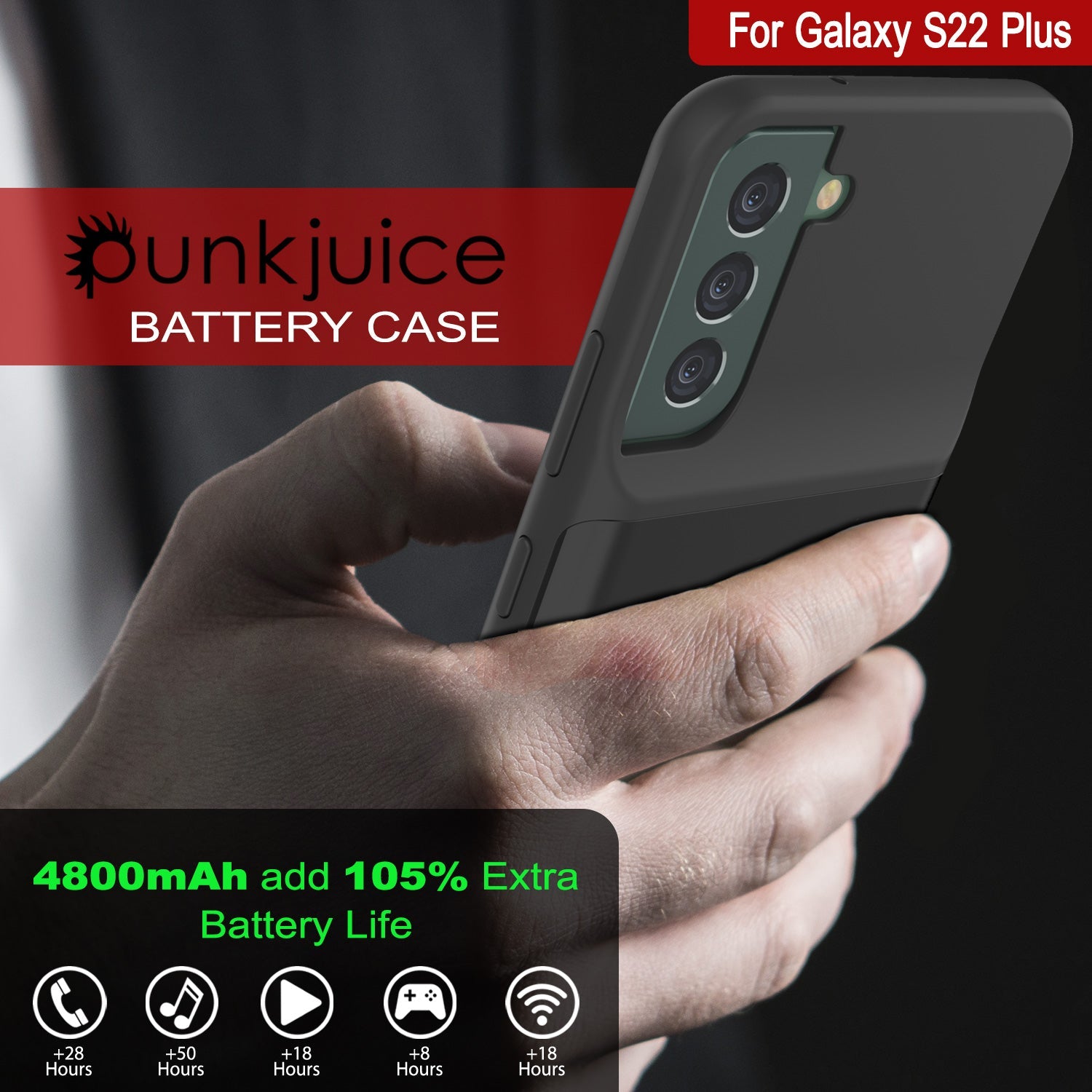 PunkJuice S22+ Plus Capa de bateria preta - Banco de energia portátil para carregamento com 4800mAh