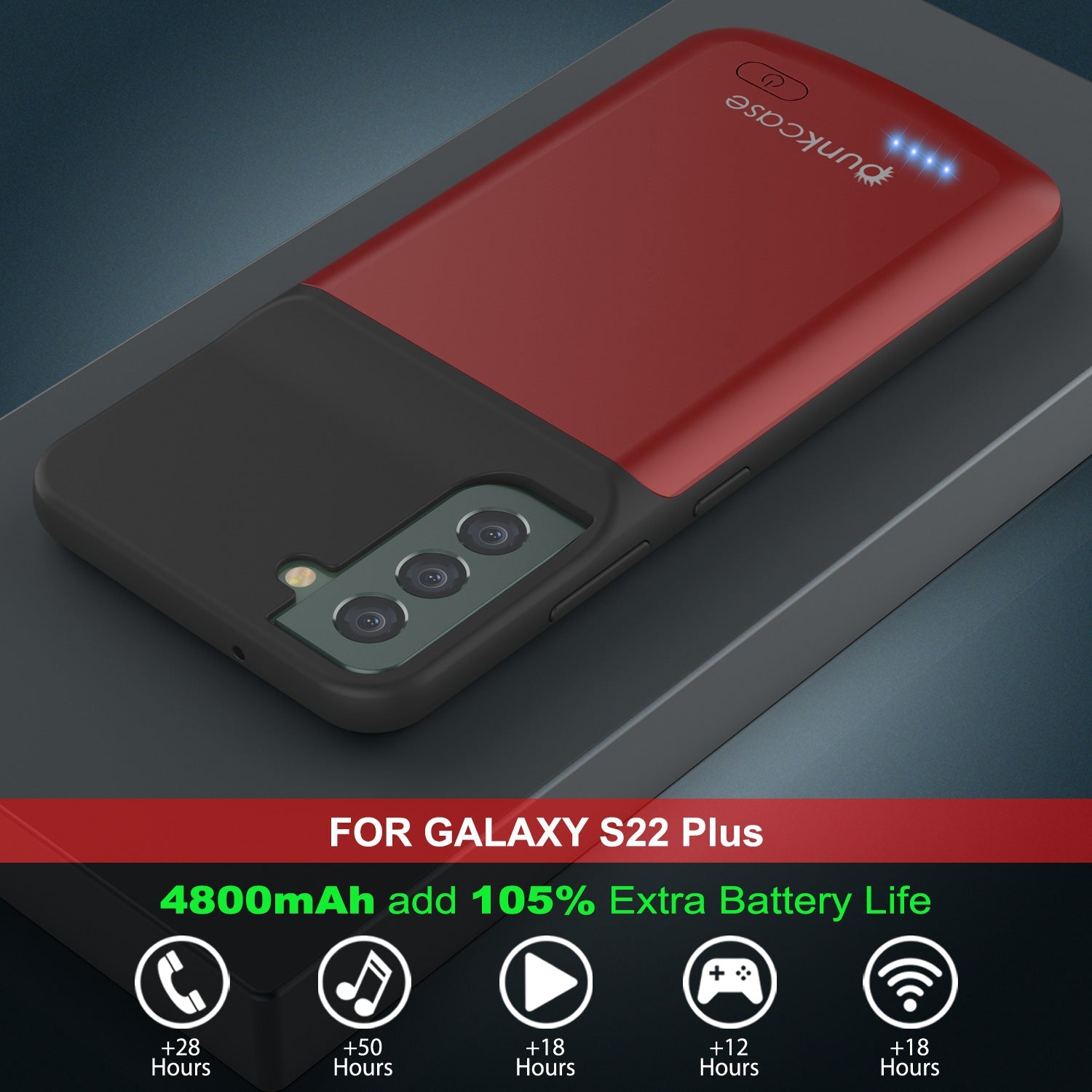 PunkJuice S22+ Plus Capa de Bateria Vermelha - Banco de Energia de Carregamento Portátil com 4800mAh
