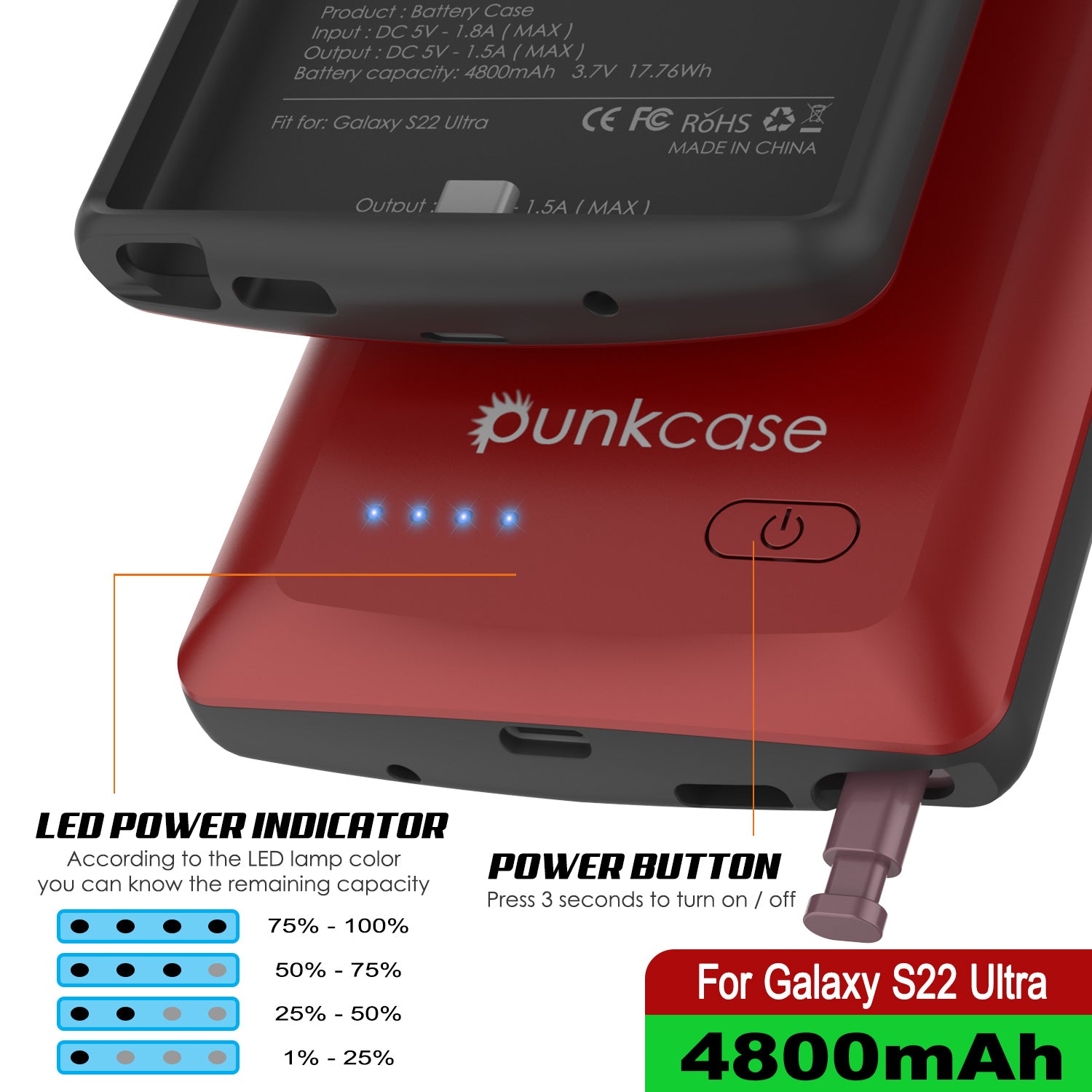 Capa de bateria Ultra PunkJuice S22 Vermelha - Banco de energia portátil Juice Bank com 4800mAh.