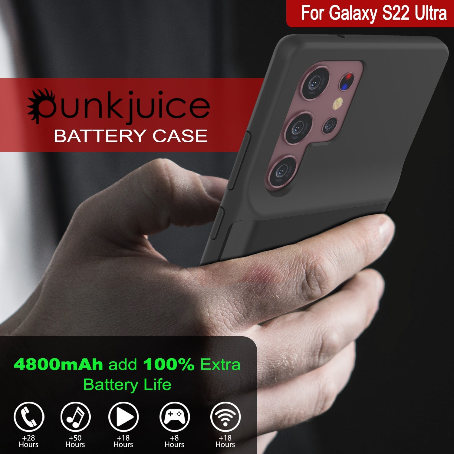 Capa de bateria PunkJuice S22 Ultra preta - Banco portátil de energia de carregamento com 4800mAh