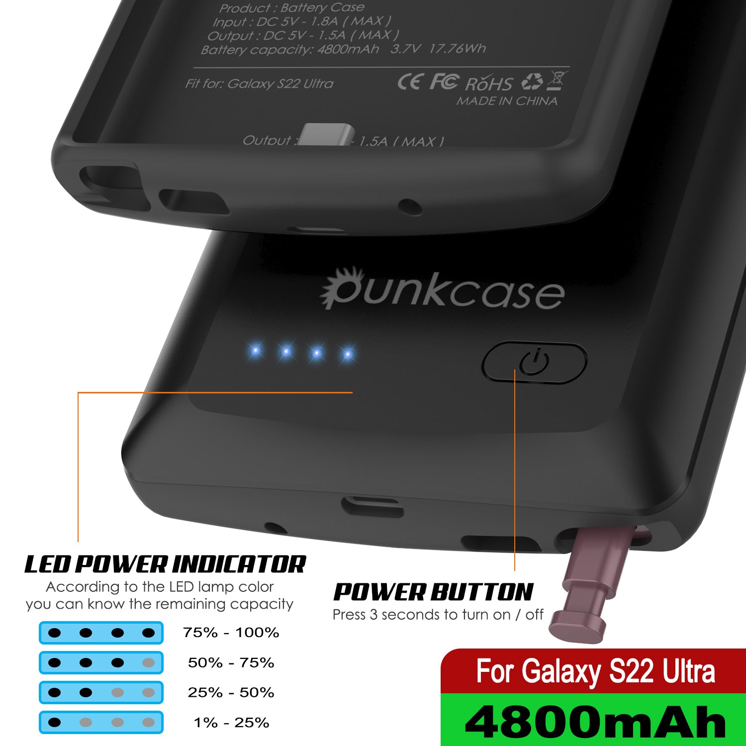 Capa de bateria PunkJuice S22 Ultra preta - Banco portátil de energia de carregamento com 4800mAh