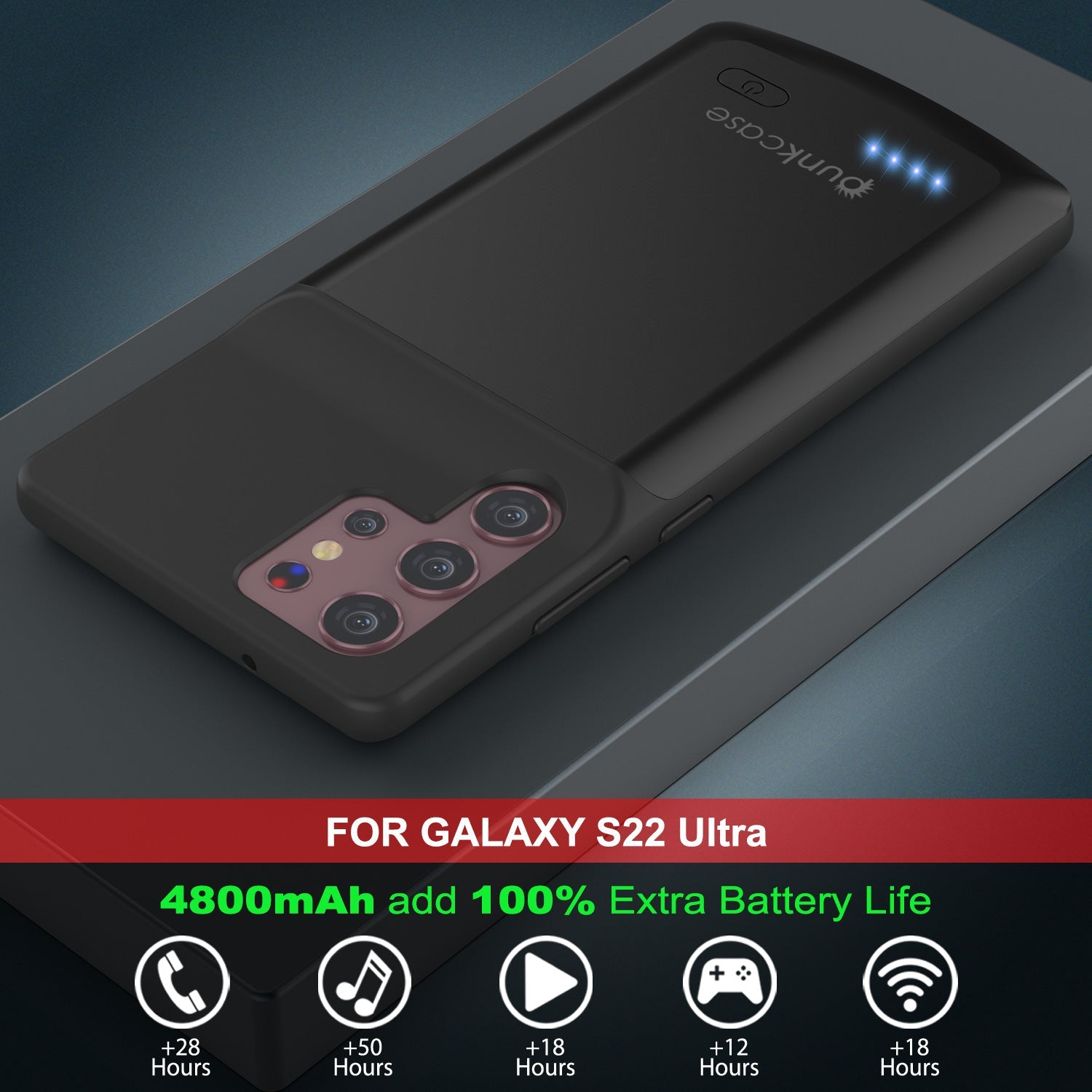 Capa de bateria PunkJuice S22 Ultra preta - Banco portátil de energia de carregamento com 4800mAh