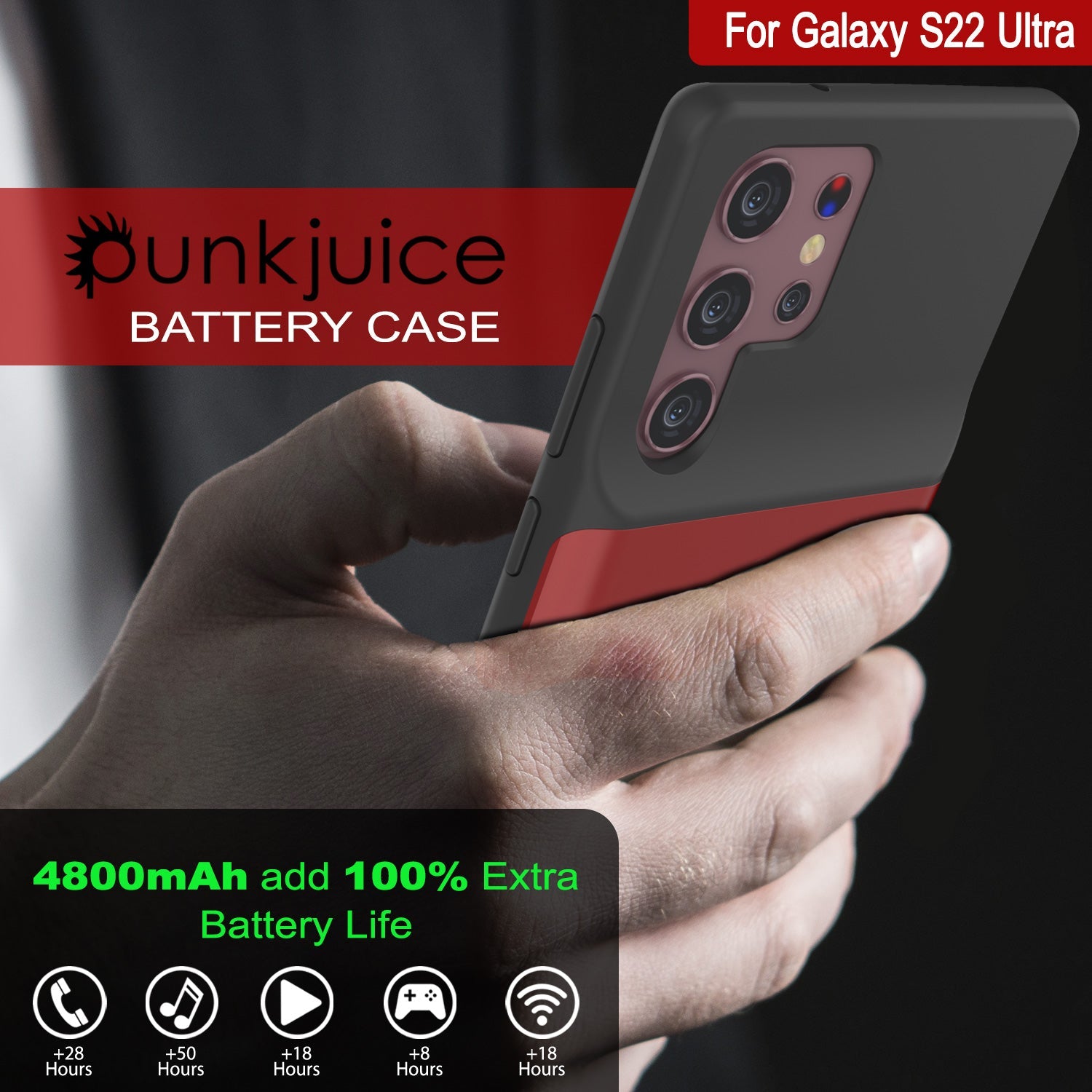 Capa de bateria Ultra PunkJuice S22 Vermelha - Banco de energia portátil Juice Bank com 4800mAh.