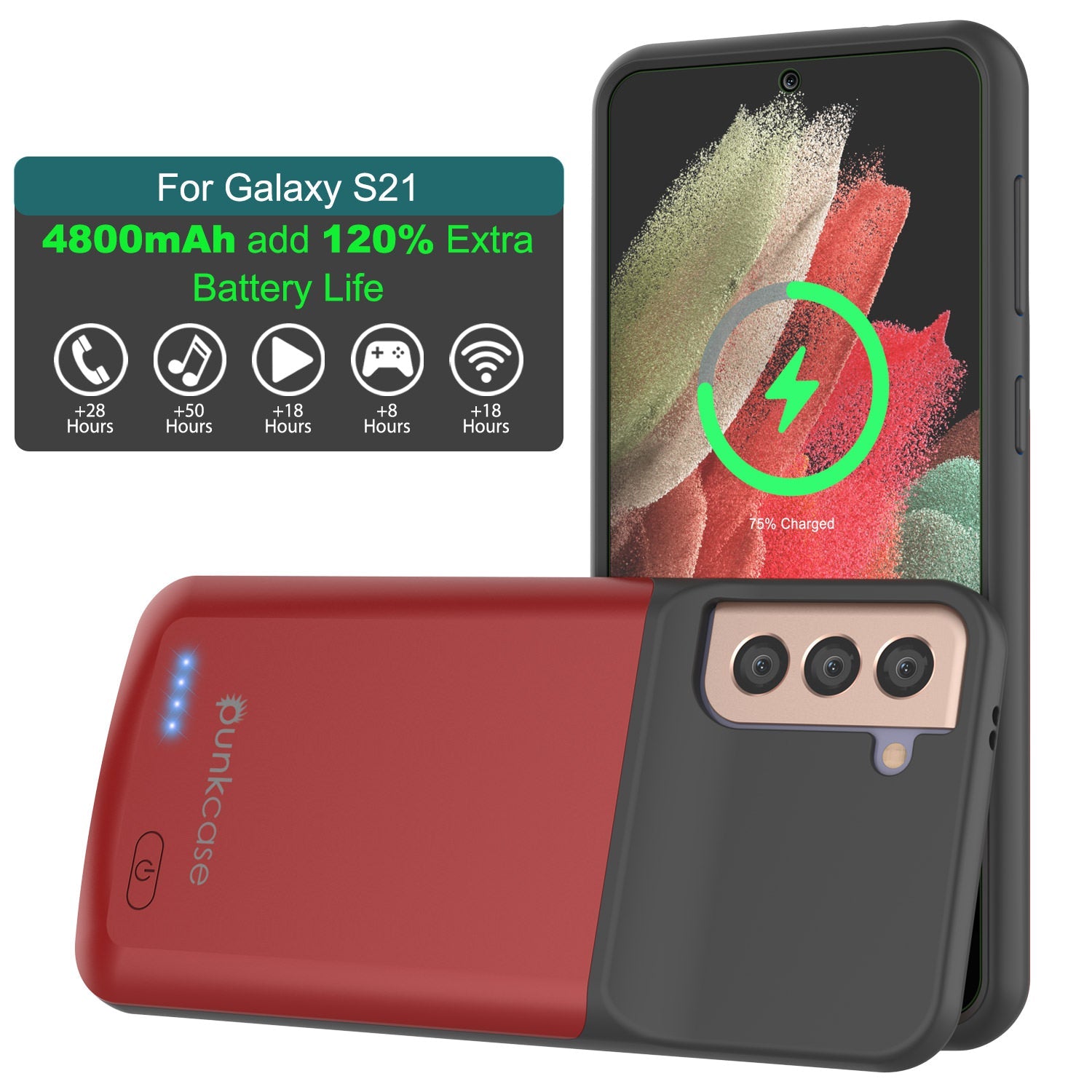 Capa de bateria PunkJuice S21 Vermelha - Banco de Energia Portátil de Carregamento com 4800mAh