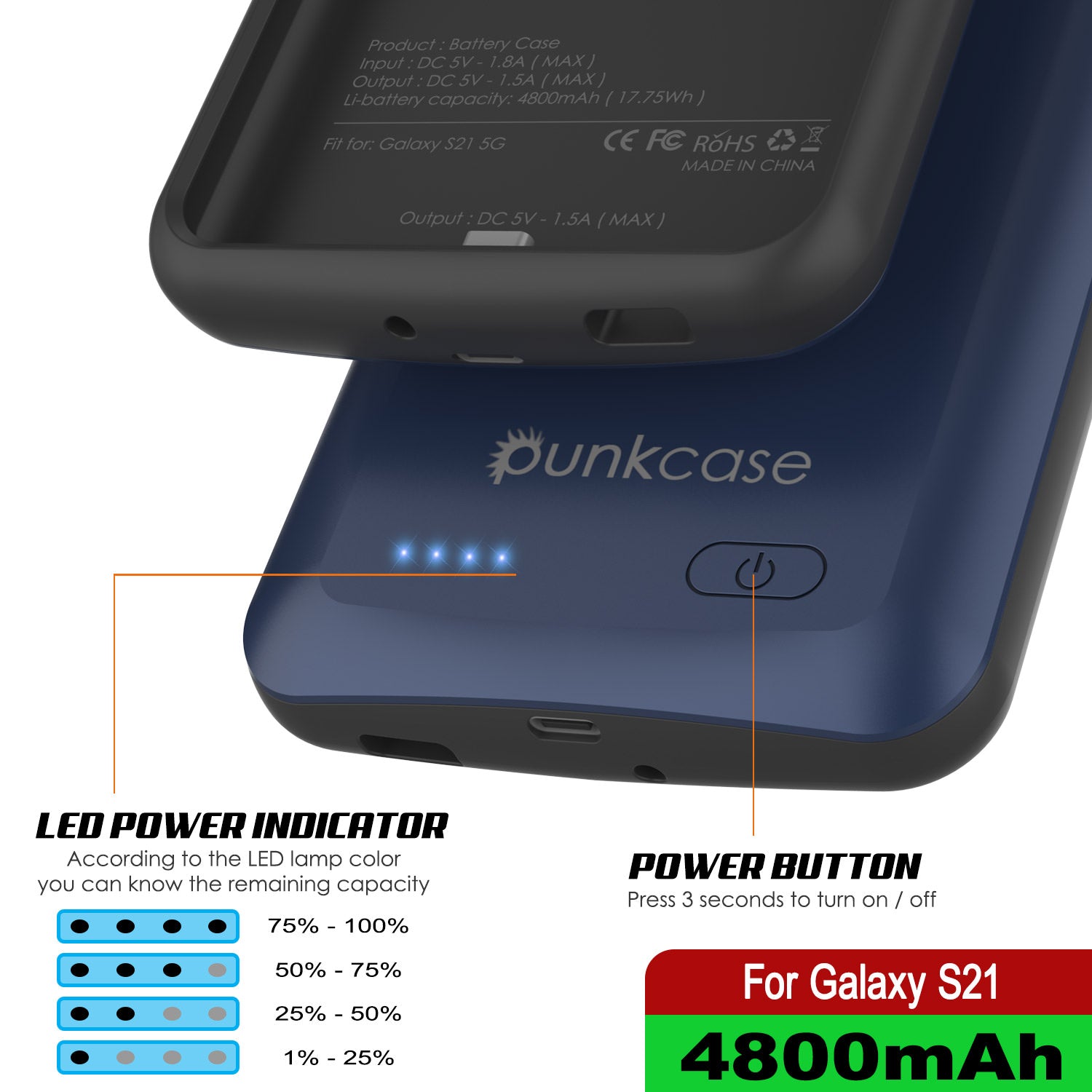 Capa de bateria PunkJuice S21 azul - Banco de energia portátil para carregar com 4800mAh