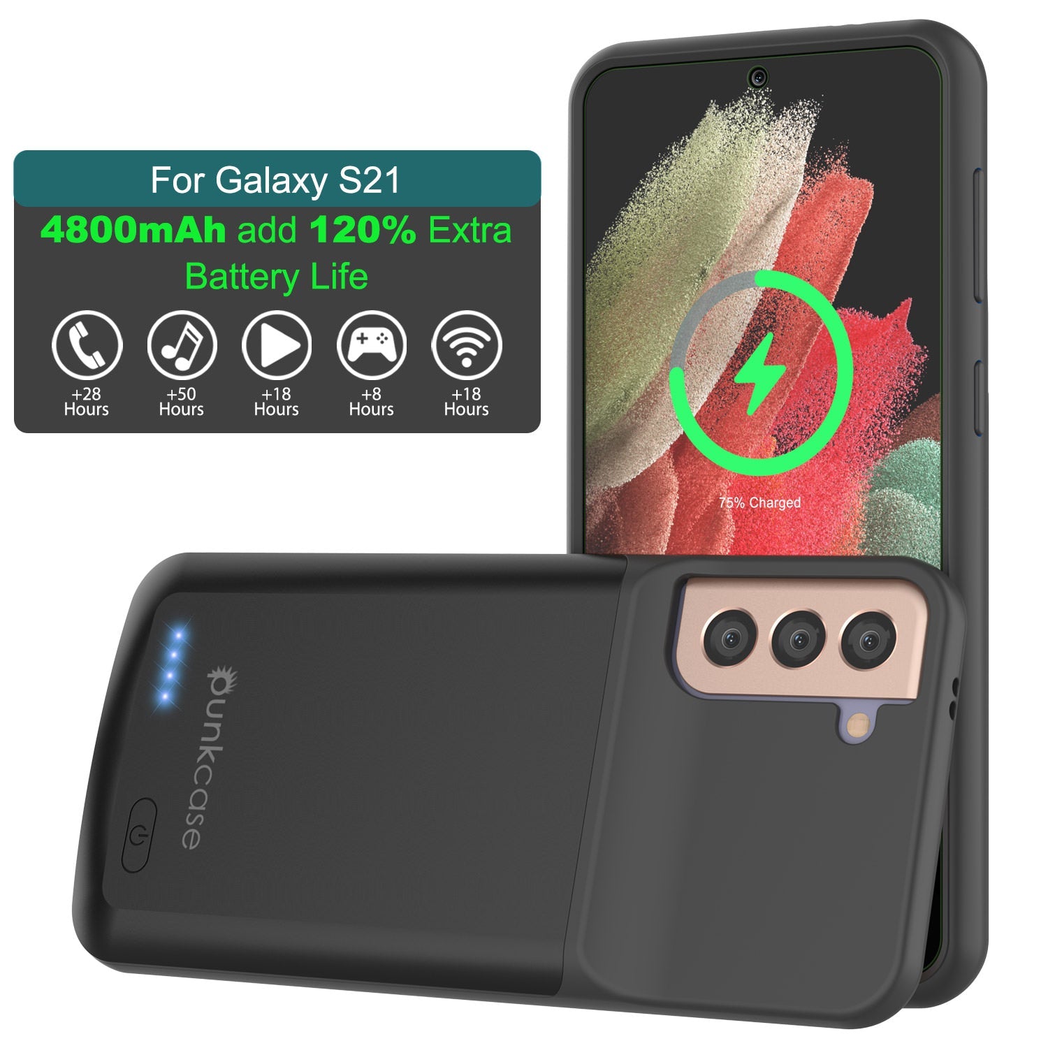 Capa de bateria PunkJuice S21 preta - Banco de Energia de Carregamento Portátil com 4800mAh