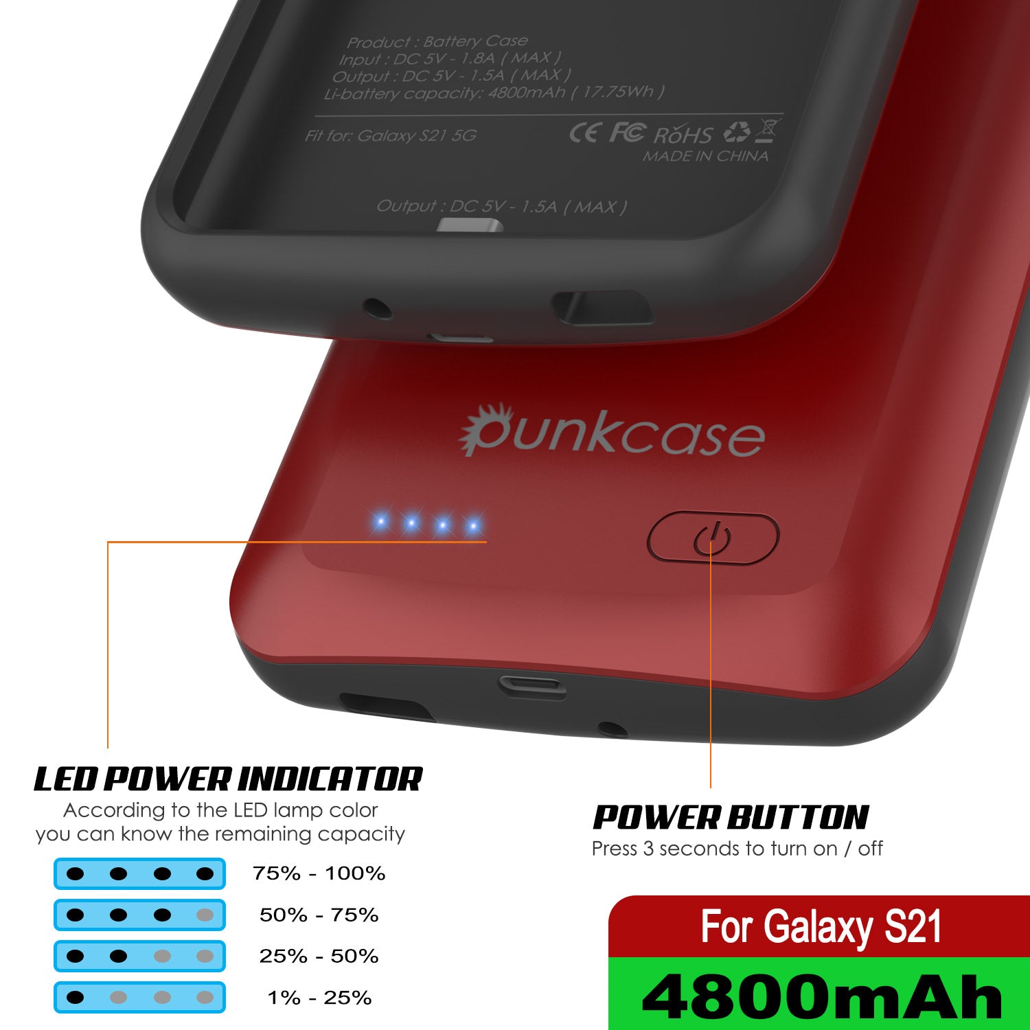 Capa de bateria PunkJuice S21 Vermelha - Banco de Energia Portátil de Carregamento com 4800mAh