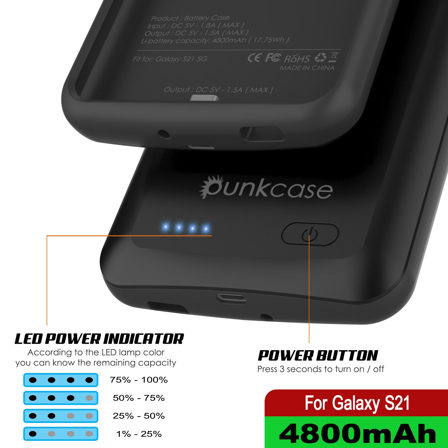 Capa de bateria PunkJuice S21 preta - Banco de Energia de Carregamento Portátil com 4800mAh