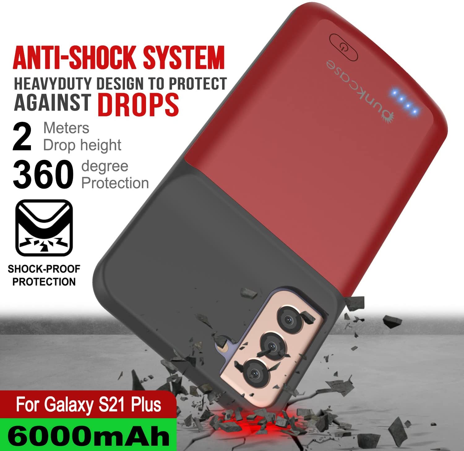 Capa de bateria PunkJuice S21+ Plus Vermelha - Banco de suco de energia portátil com 6000mAh de carga