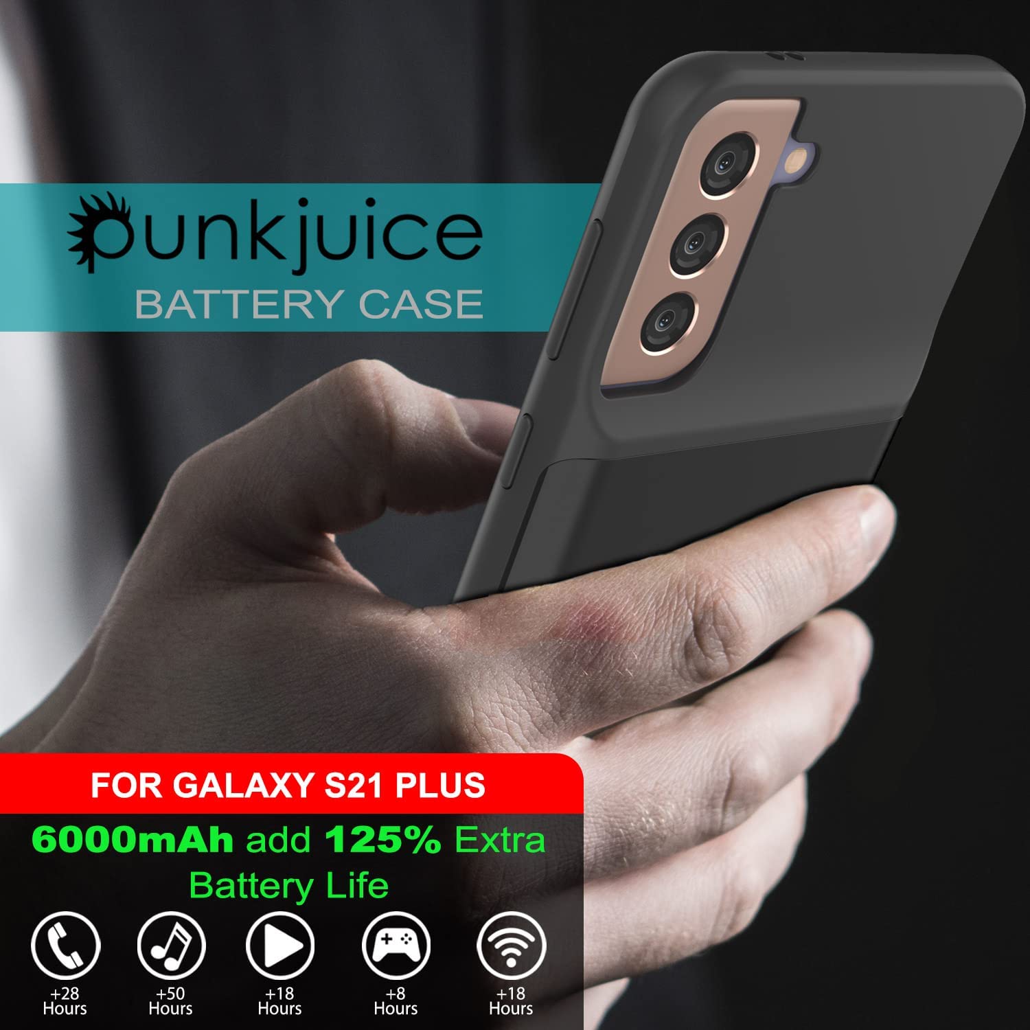 Capa de bateria PunkJuice S21+ Plus preta - Banco de energia de carregamento portátil com 6000mAh