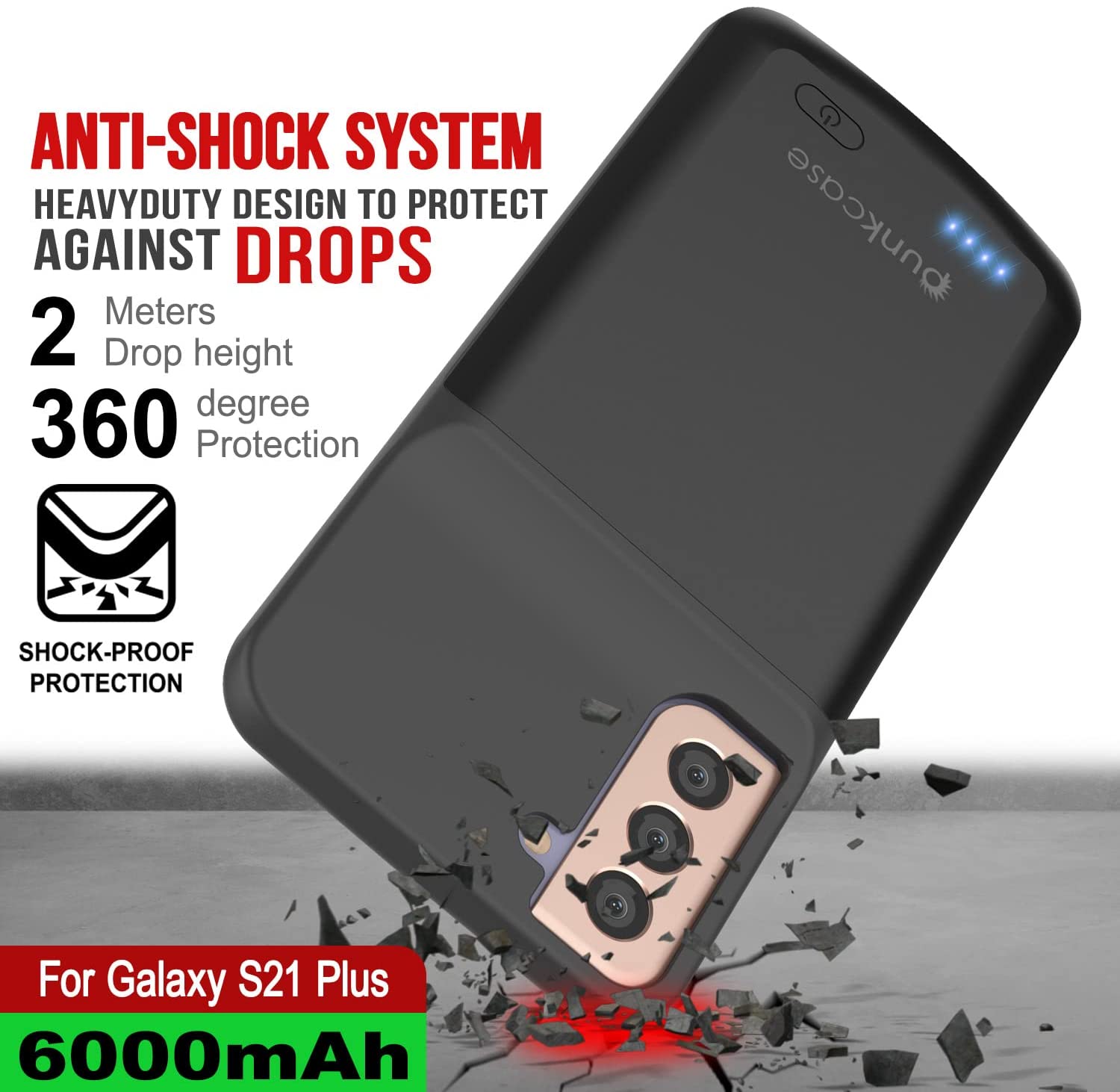 Capa de bateria PunkJuice S21+ Plus preta - Banco de energia de carregamento portátil com 6000mAh