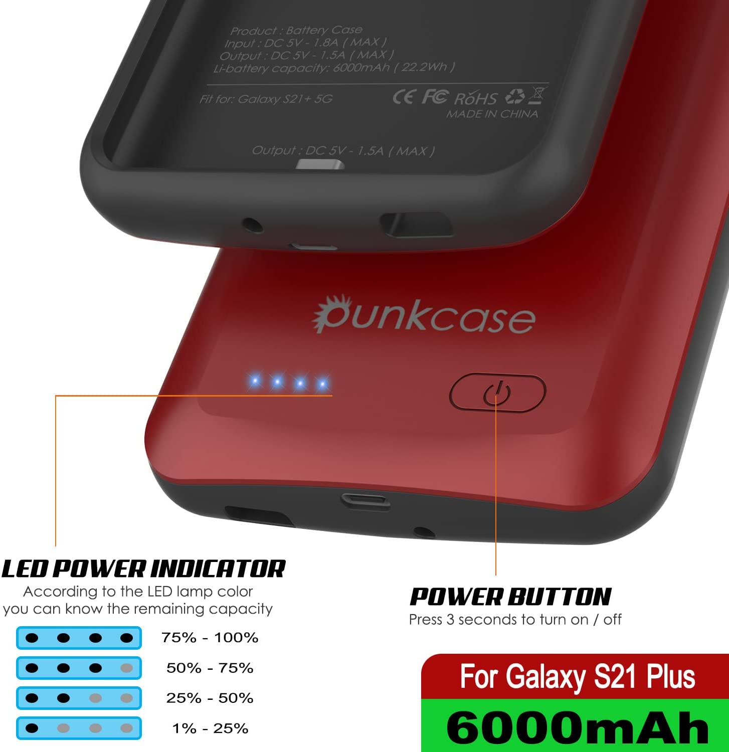 Capa de bateria PunkJuice S21+ Plus Vermelha - Banco de suco de energia portátil com 6000mAh de carga