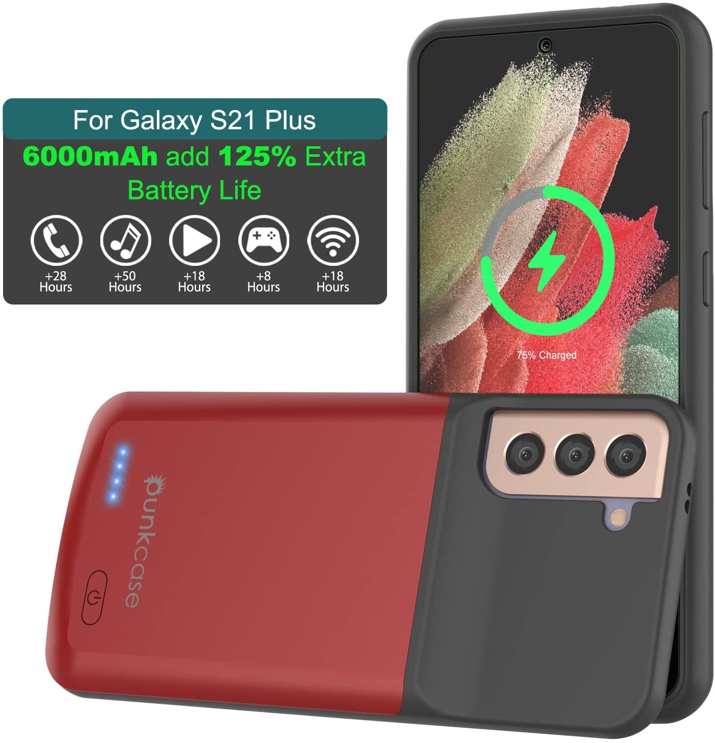 Capa de bateria PunkJuice S21+ Plus Vermelha - Banco de suco de energia portátil com 6000mAh de carga