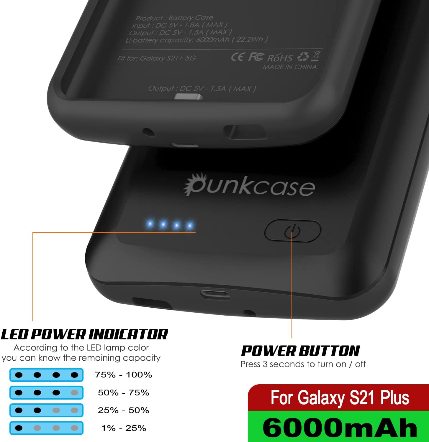 Capa de bateria PunkJuice S21+ Plus preta - Banco de energia de carregamento portátil com 6000mAh