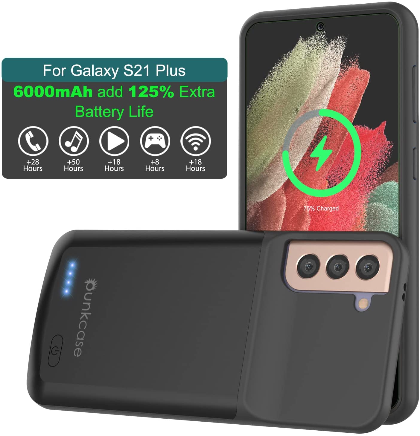 Capa de bateria PunkJuice S21+ Plus preta - Banco de energia de carregamento portátil com 6000mAh