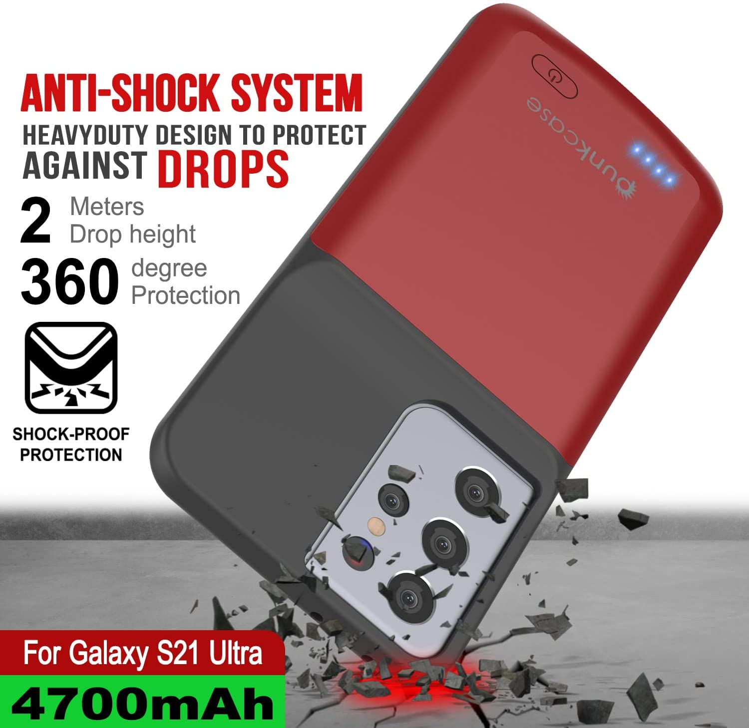 Capa de bateria PunkJuice S21 Ultra Vermelho - Banco de energia portátil para carregamento com 4700mAh