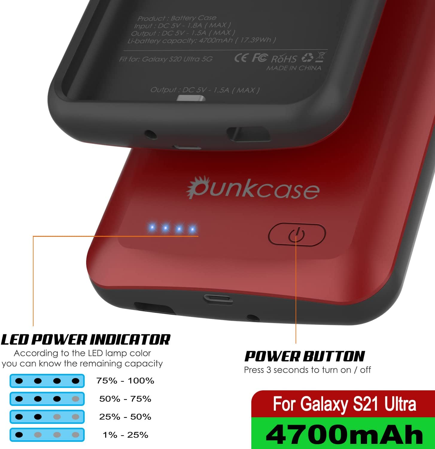 Capa de bateria PunkJuice S21 Ultra Vermelho - Banco de energia portátil para carregamento com 4700mAh