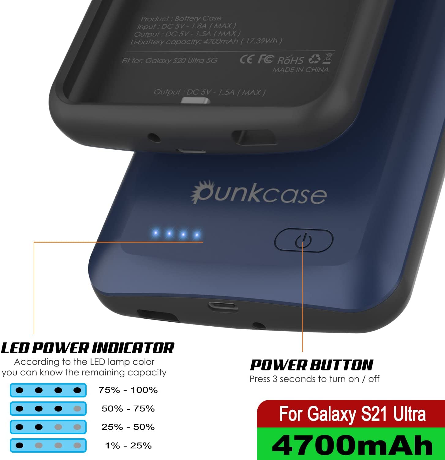 Capa de bateria PunkJuice S21 Ultra Azul - Banco de potência de carregamento portátil com 4700mAh